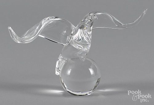 Steuben crystal bird on orb with original box, 6'' h., 13'' w.