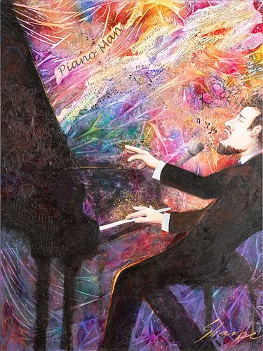 SUSIE SHARPE, Piano Man, mixed media on canvas