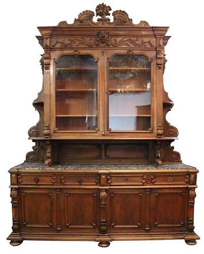 Grand scale French Renaissance buffet in walnut with marble top. Late 19th century.