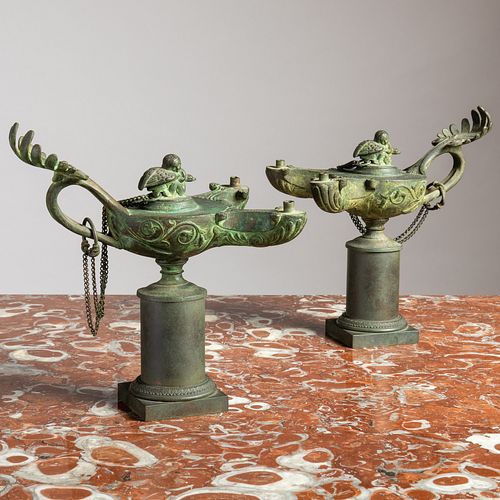 Pair of Bronze Models of Oil Lamps, After the Antique