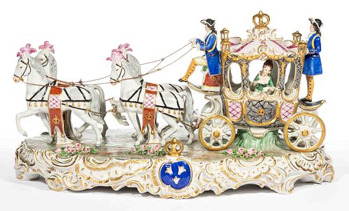 GERMAN SITZENDORF PORCELAIN HORSE AND CARRIAGE FIGURAL GROUP
