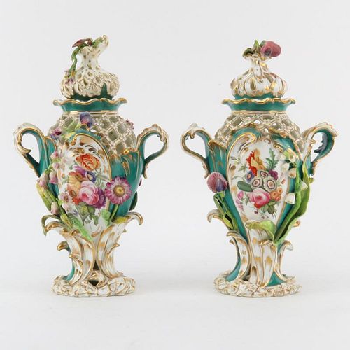 Pair of 18/19th Century English, Possibly Chelsea, Hand Painted Porcelain Reticulated Covered Urns