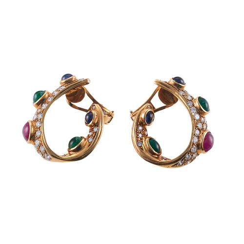 18k Gold Diamond Emerald Ruby Sapphire Hoop Earrings