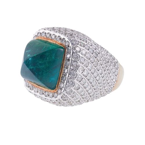 18k Gold Sugarloaf Cut Emerald Diamond Cocktail Ring