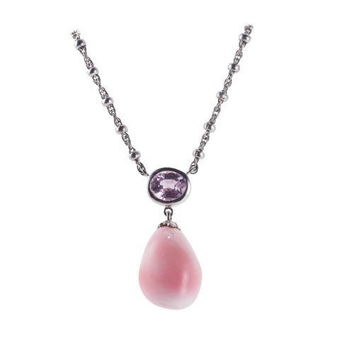 14k Gold Conch Pearl Pink Sapphire Pendant Necklace