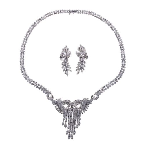Mid Century 23 Carat Diamond Platinum Earrings Necklace Set