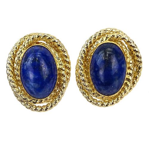 Lady's 14 Karat Yellow Gold and Cabochon Lapis Lazuli Earrings
