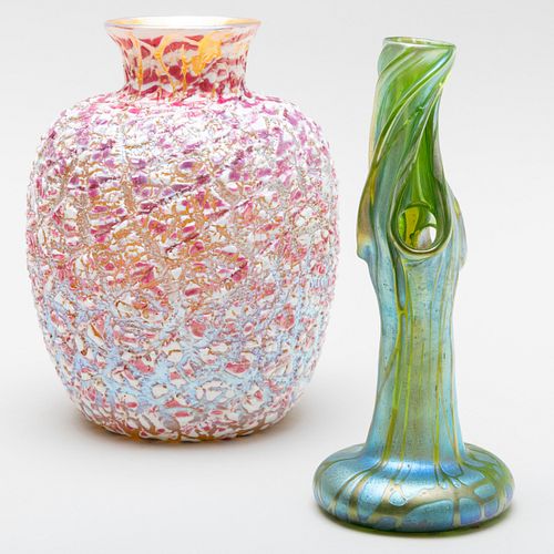 Durand Crackle Glass Vase and Loetz Glass Tree Form Vase