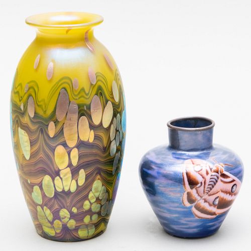 Eugène Feuillâtre Enameled Copper Vase and Loetz Internally Decorated Glass Vase