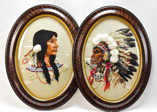 NEEDLEPOINT NATIVE AMERICAN CHIEF AND WOMAN IN CONVEX FRAME