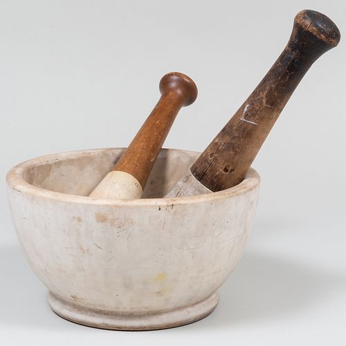Rustic Hardstone Mortar and Two Hardstone and Wood Pestles