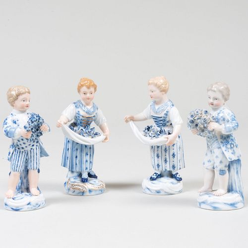 Two Pairs of Meissen Figures with Flowers