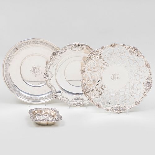 Group of Three American Silver Serving Dishes and a Continental Nut Dish