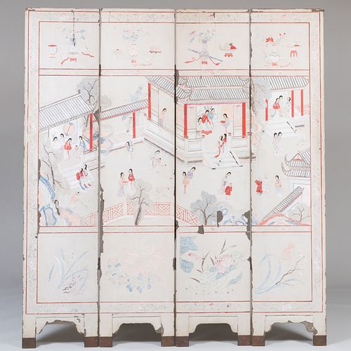 Chinese Export Carved and Painted Wood Four Panel Screen