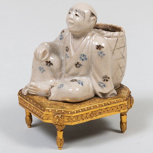 Gilt-Metal-Mounted Chinese Porcelain Seated Figural Brush Washer