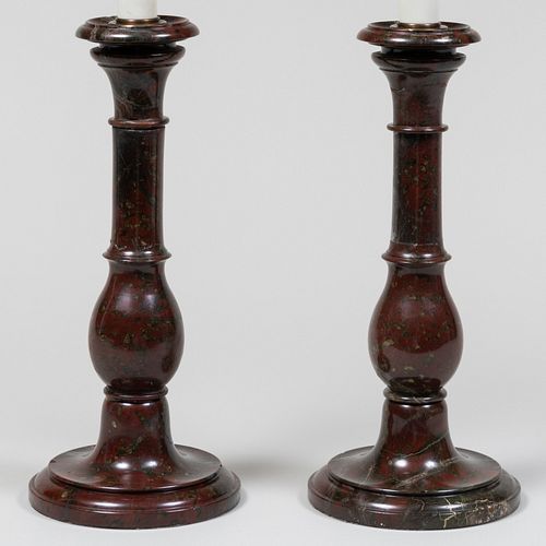Pair of Cornish Marble Candlestick Lamps