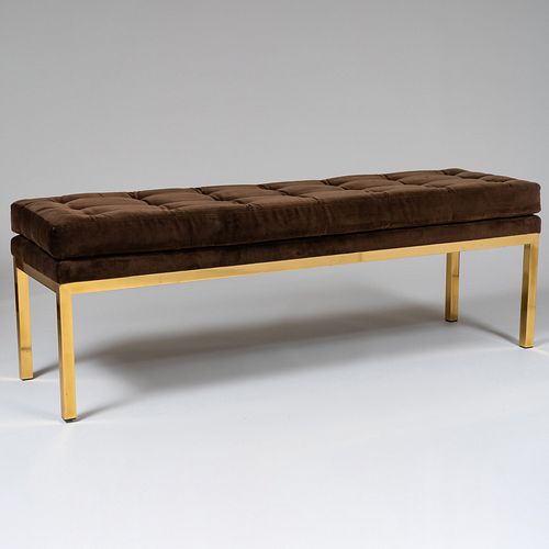Modern Polished Brass Tufted Brown Velvet Upholstered Bench
