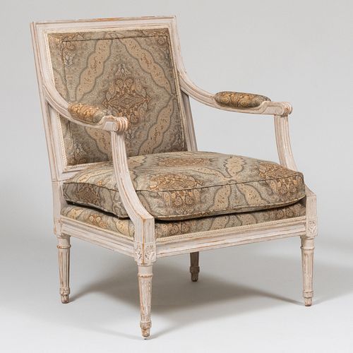 Louis XVI Style Gray Painted Upholstered Fauteuil à la Reine