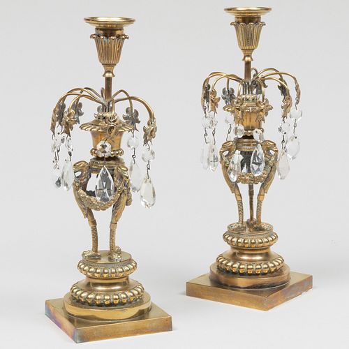 Pair of Regency Style Polished Bronze and Cut-Glass Girandoles