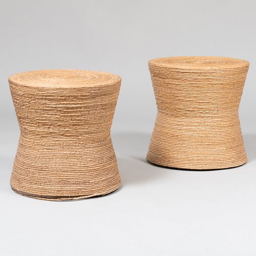 Pair of Hand Woven Paper Veneered Drum Form 'Lampakanay' Low Tables, by Crate and Barrel