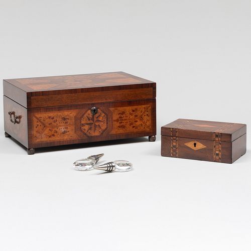 Two Inlaid Wood Table Boxes and a Pair of Cut-Glass Bottle Stoppers
