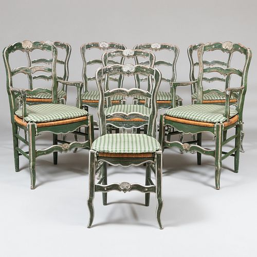 Set of Eight French Provincial Style Green-Painted and Carved Wood Rush Seated Ladder Back Dining Chairs
