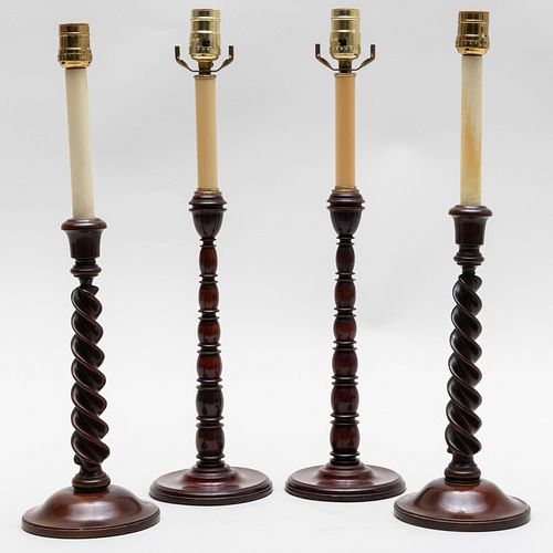 Two Pairs of Turned Wood Candlestick Lamps