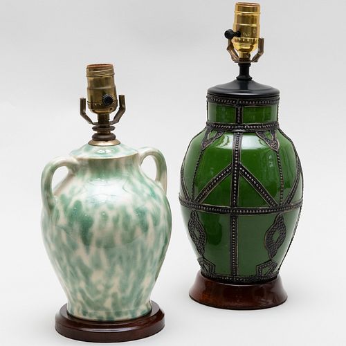 Two Green Glazed Table Lamps