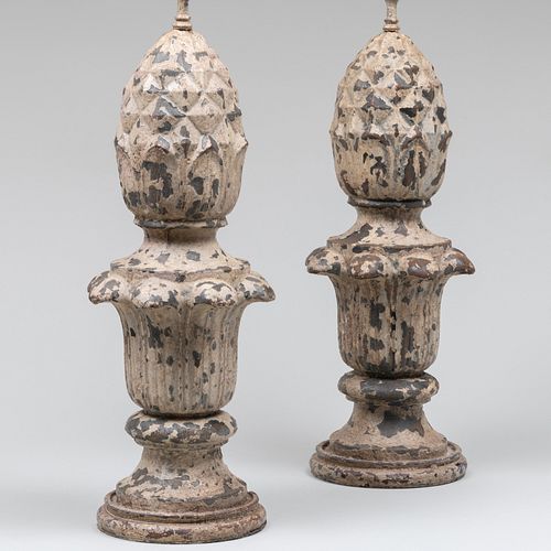 Pair of Painted Iron Pineapple Finial Table Lamps 