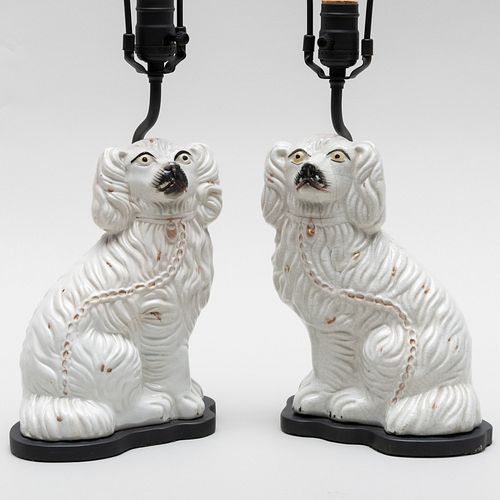 Pair of Staffordshire Flatback Spaniels Mounted as Lamps