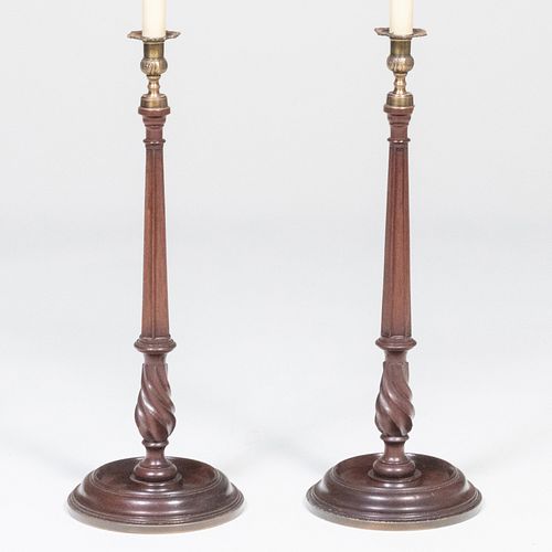 Pair of Tall Turned Wood and Brass Columnar Candlestick Lamps