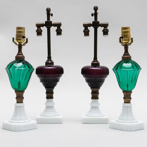 Pair of Green Glass and a Pair of Purple Glass  Fluid Lamps