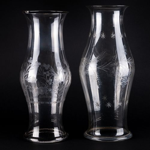 Two Etched Glass Hurricane Shades