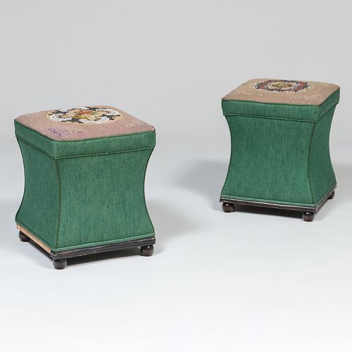 Pair of Victorian Stained Wood, Beaded Needlepoint and Green Wool Upholstered Ottomans
