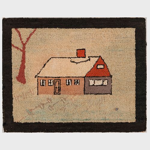 Two Small Hooked Rugs with Houses and a Panel with Bird