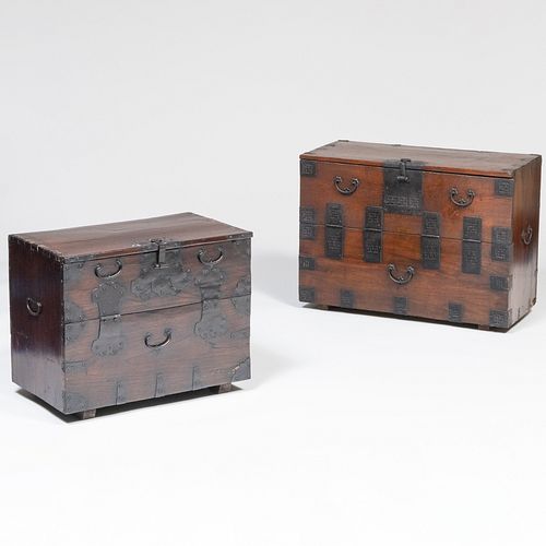 Two Japanese Metal-Mounted Stained Wood Tanzu