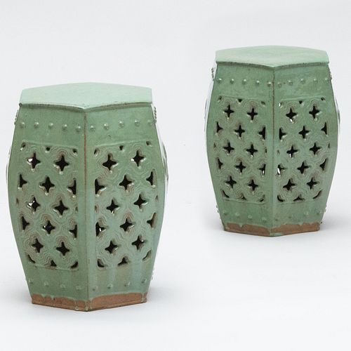 Pair of Pierced Celadon Ceramic Garden Seats, Modern