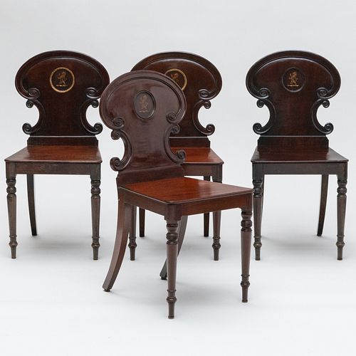 Set of Four Similar Late Regency Mahogany Hall Chairs