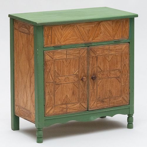 Unusual Rustic Green Painted and Straw Parquetry Cabinet