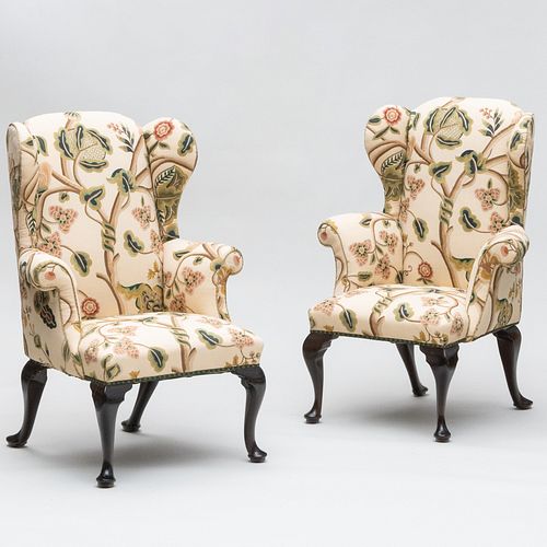 Pair of Queen Anne Style Mahogany and Crewelwork Upholstered Wing Chairs, with Chelsea Editions Fabric