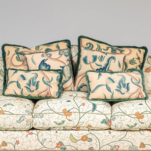 Group of Six Crewelwork Pillows and a Matching Blanket, with Chelsea Editions Fabric