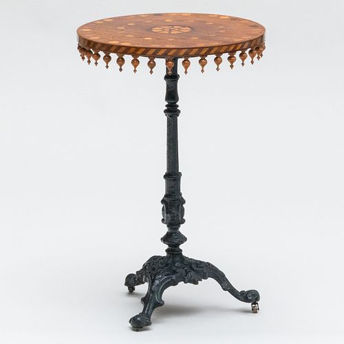 Victorian Mahogany Marquetry Side Table with Cast-Iron Base