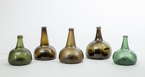 GROUP OF SIX GREEN GLASS MALLET AND BALLOON-SHAPE BOTTLES