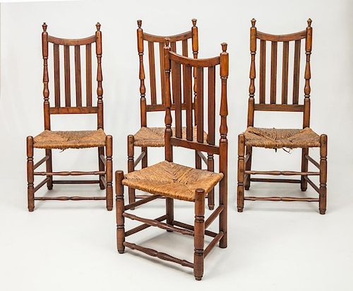 SET OF FOUR WILLIAM AND MARY STAINED MAPLE BANISTER-BACK SIDE CHAIRS