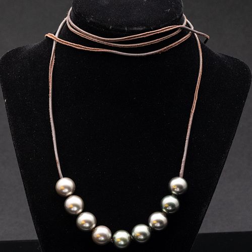 Black Sea Pearl Necklace on a Leather Cord
