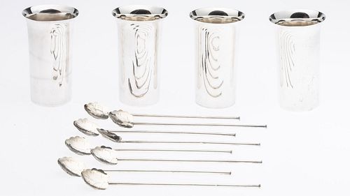 4 Sterling Beakers & 8 Mexican Iced Tea Spoons