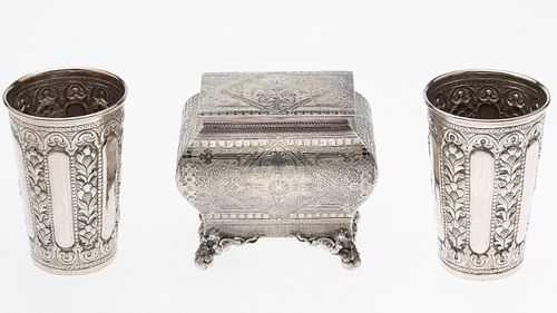 Pair of Silver Cups and Silverplate Box