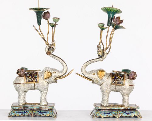 Pair Chinese Cloisonne Elephant-Form Candlesticks