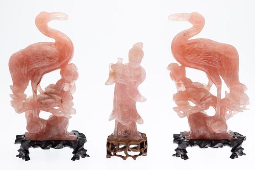 Pair of Chinese Rose Quartz Birds and A Figure
