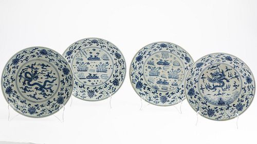 4 Blue and White Chinese Shallow Bowls